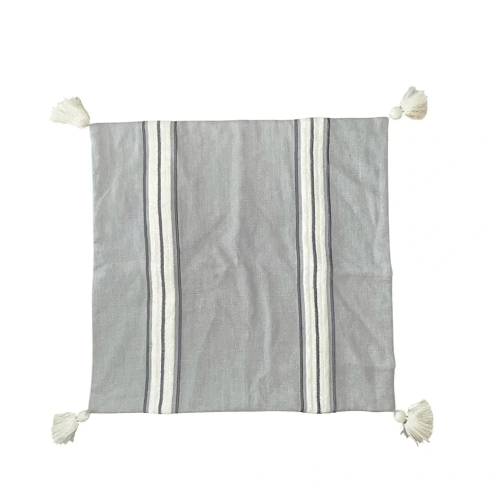 Serena & Lily Addie 100% Linen Stripe Tassel Smoke Grey Pillow Cover 22 x 22‎
